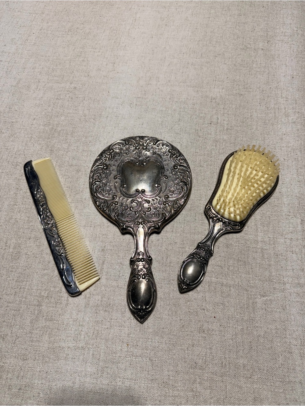 Antique Silver Three-Piece Grooming Set with Cream Bristles